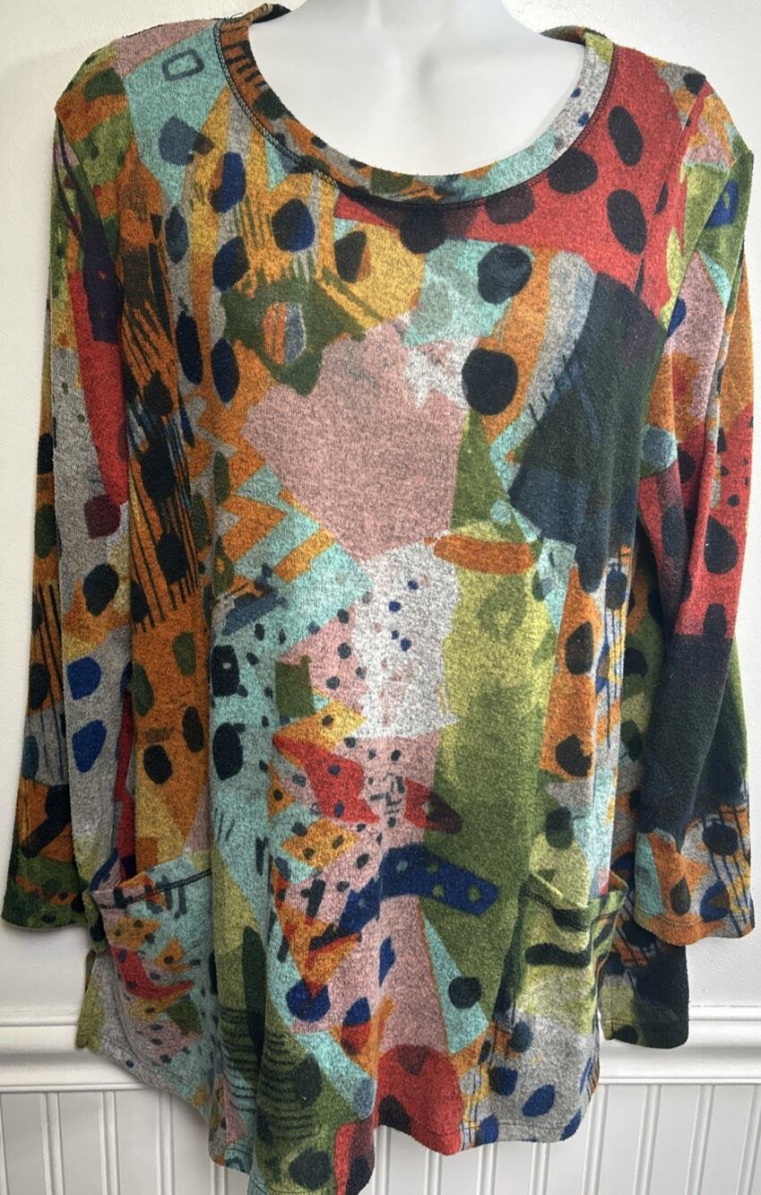 Jess & Jane Womens Tunic Top L Colorful Artsy Lagenlook 3/4 Sleeve Pockets Boho